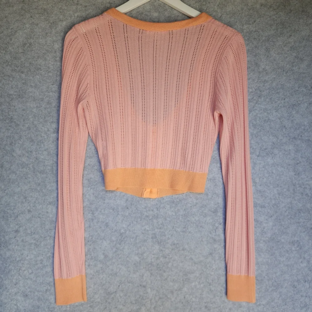 For Love & Lemons Phoebe Pointelle Cropped Cardigan in Apricot - Picture 3 of 9